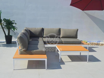 L-förmiger Außenmöbel-Aluminiumrahmen mit PVC-Holzsofagarnitur